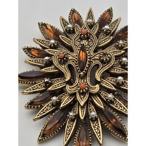 Rare Vintage Art/Arthur Pepper Fleur-de-Lis Brooch/pendant with Amber Glass